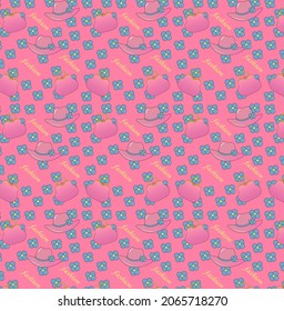 A fashion seamless pattern with flowers,hats and bags on pink background, vector illustration, eps