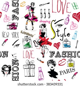 Fashion seamless pattern. Fashion pattern. Fashion girl in sketch-style. Vector illustration.