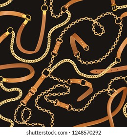 Fashion Seamless Pattern with Golden Chains and Belts. Fabric Design Fashionable Background with Chain and Jewelry for Wallpapers, Prints. Vector illustration