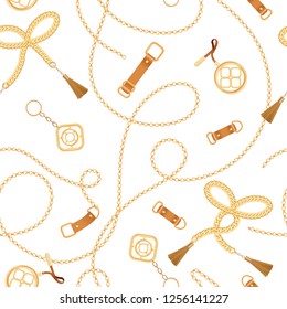 Fashion Seamless Pattern with Golden Chains and Straps. Chain, Braid and jewelry elements Background for Fabric Design, Textile, Wallpaper. Vector illustration