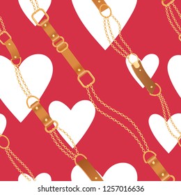 Fashion Seamless Pattern with Golden Chains and Hearts. Chain, Braid and Accessories Valentines Day Background for Fabric Design, Textile, Wallpaper. Vector illustration