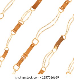 Fashion Seamless Pattern with Golden Chains and Straps. Chain, Braid Background for Fabric Design, Textile, Wallpaper. Vector illustration