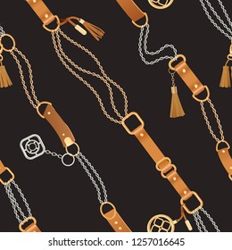 Patrón de moda sin foco con las cadenas doradas y las correas. Fondo de cadena, trenzas y accesorios para el diseño de tejidos, textil, tapicería. Ilustración del vector