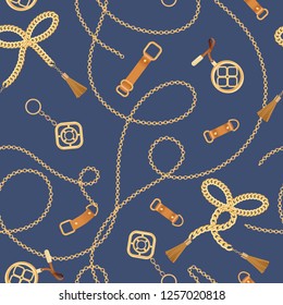 Fashion Seamless Pattern with golden chains and belts. Chain, brain and elements Background for Fabric design, Textile, Wallpaper. Vector illustration