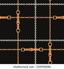 Patrón de moda sin problemas con las Cadenas de Oro y las trampas. Elementos de cadena, trenzado y joyería Fondo para el diseño de tejidos, textil, papel tapiz. Ilustración del vector