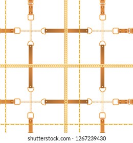 Fashion Seamless Pattern with Golden Chains and Straps. Chain, Braid and jewelry elements Background for Fabric Design, Textile, Wallpaper. Vector illustration