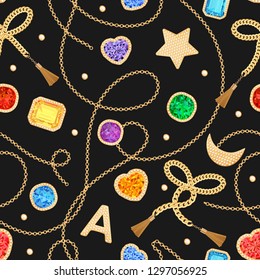 Fashion Seamless Pattern with Golden Chains, Straps and Gems. Fabric Design Background with Chain, Gemstones and Jewelry for Textile, Prints. Vector illustration