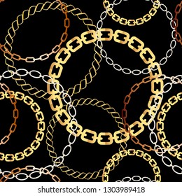 Fashion Seamless Pattern with Golden Chains. Fabric Design Background with Chain, Metallic accessories. Luxurious linear print with fashion accessories.
