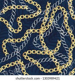 Patrón de moda sin fisuras con cadenas de oro. Fondo de diseño de tela con cadena, accesorios metálicos. Impresión lineal de lujo con accesorios de moda.