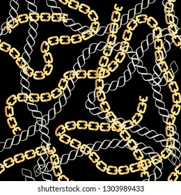 Fashion Seamless Pattern with Golden Chains. Fabric Design Background with Chain, Metallic accessories. Luxurious linear print with fashion accessories.