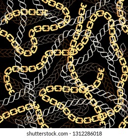 Fashion Seamless Pattern with Golden Chains. Fabric Design Background with Chain, Metallic accessories. Luxurious linear print with fashion accessories.