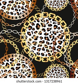 Fashion Seamless Pattern with Golden Chains and leopard print. Fabric Design Background with Chain, Metallic accessories. Luxurious linear print with fashion accessories.