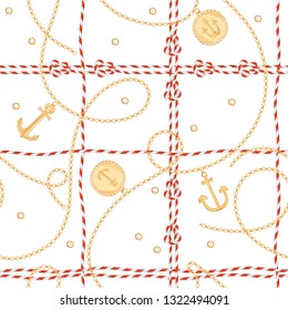 Moda Patrón sin costura con las Cadenas de Oro y Anclaje para el Diseño de Tela. Antecedentes marinos con Rope, Nudos, Banderas y Elementos Náuticos. Ilustración del vector