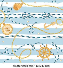 Moda Patrón sin costura con las Cadenas de Oro y Anclaje para el Diseño de Tela. Fondo marino con Rope, Knots y Elementos Náuticos. Ilustración del vector