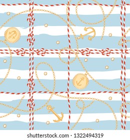 Fashion Seamless Pattern with Golden Chains and Anchor for Fabric Design. Marine Background with Rope, Knots, Flags and Nautical Elements. Vector illustration