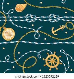 Moda Patrón sin costura con las Cadenas de Oro y Anclaje para el Diseño de Tela. Antecedentes marinos con Rope, Nudos, Banderas y Elementos Náuticos. Ilustración del vector