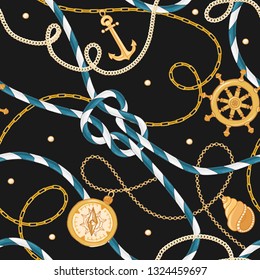 Fashion Seamless Pattern with Golden Chains and Anchor for Fabric Design. Marine Background with Rope, Knots, Flags and Nautical Elements. Vector illustration