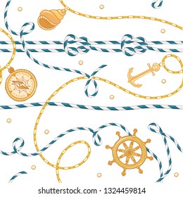 Fashion Seamless Pattern with Golden Chains and Anchor for Fabric Design. Marine Background with Rope, Knots, Flags and Nautical Elements. Vector illustration
