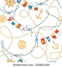 Fashion Seamless Pattern with Golden Chains and Anchor for Fabric Design. Marine Background with Rope, Knots, Flags and Nautical Elements. Vector illustration