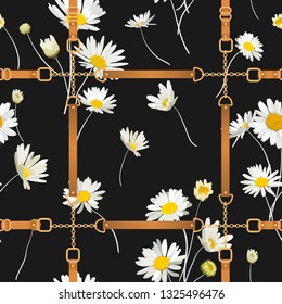 Fashion Seamless Pattern with Golden Chains, Straps and Daisy Flowers. Fabric Textile Floral Print with Chamomile and Jewelry Elements. Vector illustration