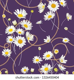Patrón de moda sin foco con chinas doradas y flores de margarita. Impresión textil de flores con Chamomile y Joyería. Ilustración del vector