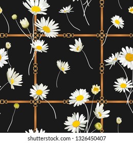 Fashion Seamless Pattern with Golden Chains, Straps and Daisy Flowers. Fabric Textile Floral Print with Chamomile and Jewelry Elements. Vector illustration