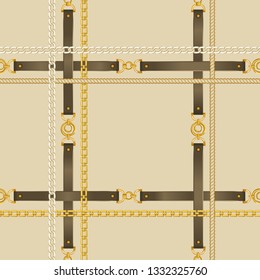 Fashion seamless pattern with golden chains and belts. Retro print with gold chain for fabric, scarf, textile, wrapping, wallpaper. Vector illustration