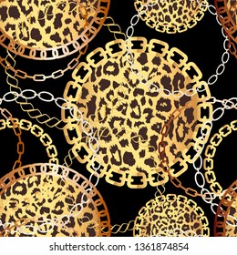 Fashion Seamless Pattern with Golden Chains and leopard print. Fabric Design Background with Chain, Metallic accessories. Luxurious linear print with fashion accessories.