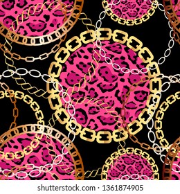 Fashion Seamless Pattern with Golden Chains and leopard print. Fabric Design Background with Chain, Metallic accessories. Luxurious linear print with fashion accessories.