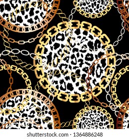 Fashion Seamless Pattern with Golden Chains and leopard print. Fabric Design Background with Chain, Metallic accessories. Luxurious linear print with fashion accessories.