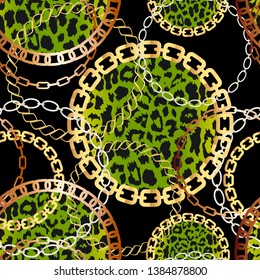 Fashion Seamless Pattern with Golden Chains and leopard print. Print with gold chains on black background. Vector seamless pattern. Fabric design. 