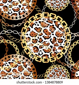 Fashion Seamless Pattern with Golden Chains and leopard print. Print with gold chains on black background. Vector seamless pattern. Fabric design. 