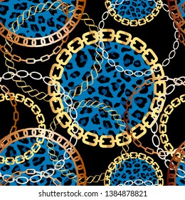 Fashion Seamless Pattern with Golden Chains and leopard print. Print with gold chains on black background. Vector seamless pattern. Fabric design. 