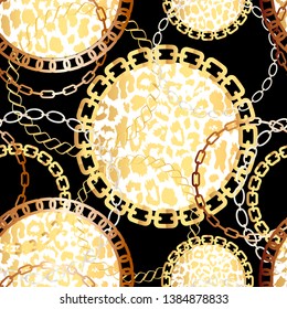 Fashion Seamless Pattern with Golden Chains and leopard print. Print with gold chains on black background. Vector seamless pattern. Fabric design. 
