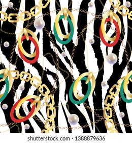 Fashion Seamless Pattern with Golden Chains and zebra print. Fabric Design Background with Chain, Metallic accessories. Luxurious linear print with fashion accessories.