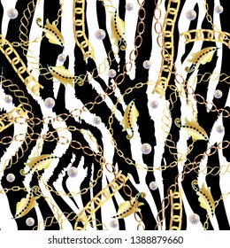 Fashion Seamless Pattern with Golden Chains and zebra print. Fabric Design Background with Chain, Metallic accessories. Luxurious linear print with fashion accessories.