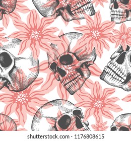 Fashion seamless pattern with hand drawn sculls and flowers background, vector illustration