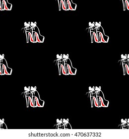 Fashion seamless pattern. Hand drawn sketch graphic. High heels with bow. Glamour texture in vogue style. Isolated elements vector illustration.