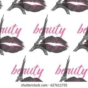 Fashion seamless pattern with imprint of lips and Eiffel tower.