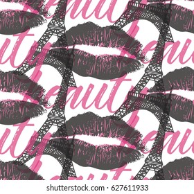 Fashion seamless pattern with imprint of lips and Eiffel tower.