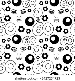 Fashion Seamless Pattern, Inspired By the 60's Mod Style. Hand Drawn Black and White Doodle. Woman Face, Flowers, Circles.