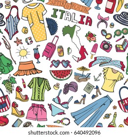 Fashion seamless pattern. Italy. Vector Women summer vacation. Dress,accessories. Hand drawing doodle background Sketches,summer time design 