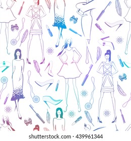 Fashion seamless pattern with model girls. Vector shopping background.