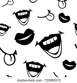 Fashion seamless pattern with mouths face expressions: opened, smile, surprised, laughing. Hand drawn vector art on white background.