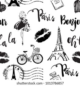 Fashion seamless pattern. pattern with original calligraphic fonts, sketch Eiffel Tower and lips. for  fashion clothes, t shirt, child, wrapping paper. Creative girlish design  . Black and white 