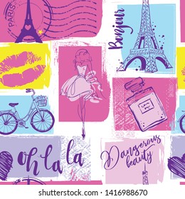 Fashion seamless pattern with original calligraphic fonts, sketch Eiffel Tower and lips. for  fashion clothes, t shirt, child, wrapping paper. Creative girlish design  . 