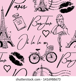 Fashion seamless pattern with original calligraphic fonts, sketch Eiffel Tower and lips. for  fashion clothes, t shirt, child, wrapping paper. Creative girlish design  . 