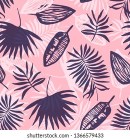Fashion seamless pattern with overlap mess of deep blue and white tropical leaves on pink background. Trendy exotic plants texture for textile, wrapping paper, surface, wallpaper, background
