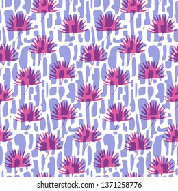 Fashion seamless pattern with overlap mess of pink fern tropical leaves and purple bricks. Trendy disco purple exotic plants texture for textile, wrapping paper, surface, wallpaper, background
