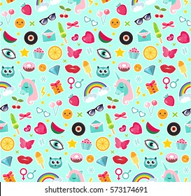 Fashion seamless pattern of patches 80s comic style. Pins, badges and stickers Collection cartoon pop art with a unicorn, rainbow, lips, emoji. Vector illustration